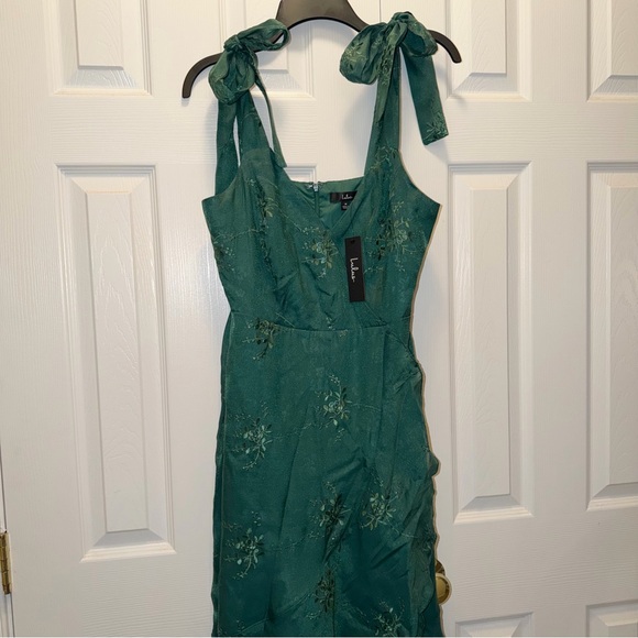 NWT Lulus Elegant Green Embroidered Ruffled Tie-Strap Midi Dress - Picture 5 of 8